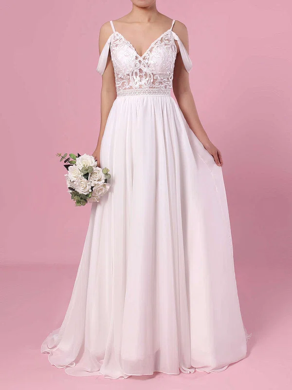 A-line V-neck Chiffon Sweep Train Lace Wedding Dresses #Milly00023377