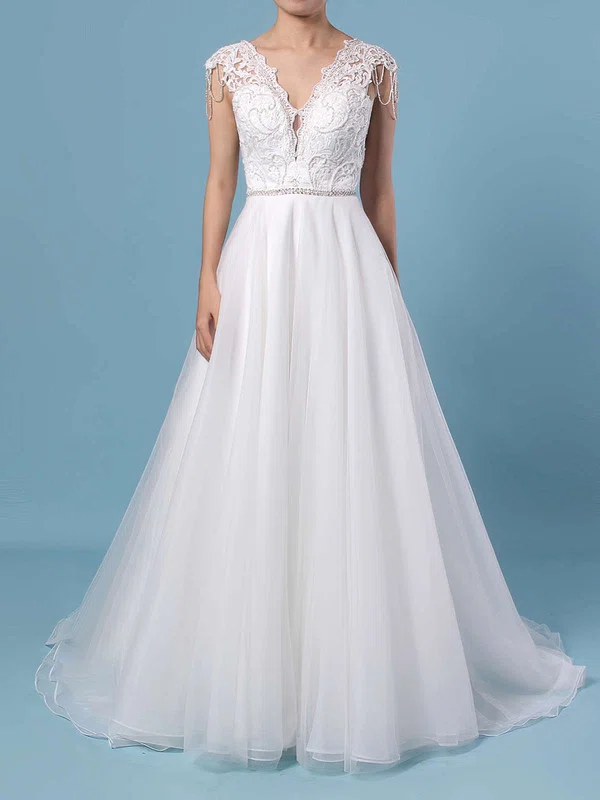 Ball Gown V-neck Tulle Sweep Train Wedding Dresses With Appliques Lace #Milly00023380