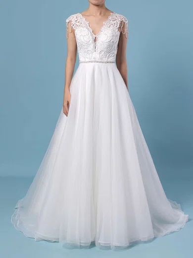 Ball Gown/Princess V-neck Tulle Sweep Train Wedding Dresses With Appliques Lace #Milly00023380