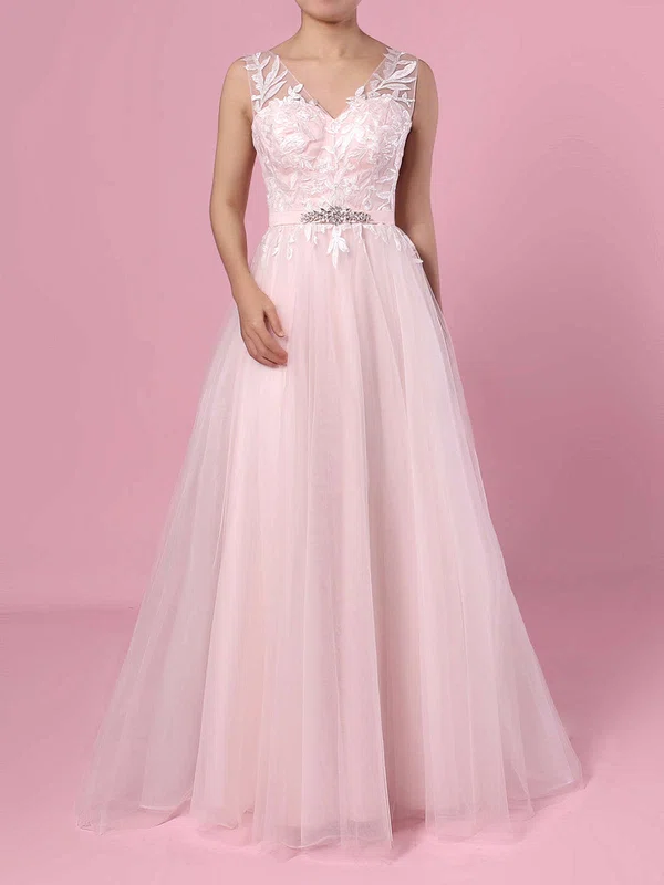 Ball Gown V-neck Tulle Sweep Train Wedding Dresses With Appliques Lace #Milly00023381