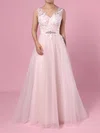 Ball Gown V-neck Tulle Sweep Train Wedding Dresses With Appliques Lace #Milly00023381