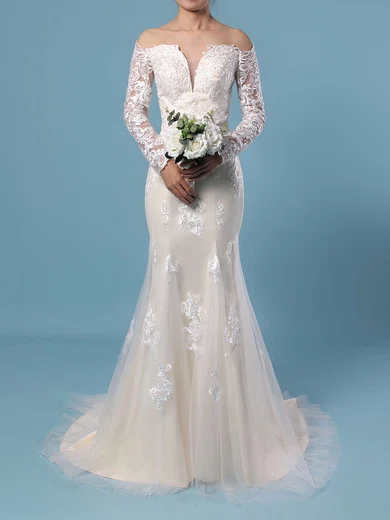 Trumpet/Mermaid Off-the-shoulder Tulle Sweep Train Wedding Dresses With Beading #Milly00023385