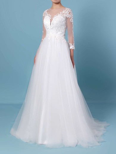 Princess Scoop Neck Tulle Sweep Train Appliques Lace Wedding Dresses #Milly00023389
