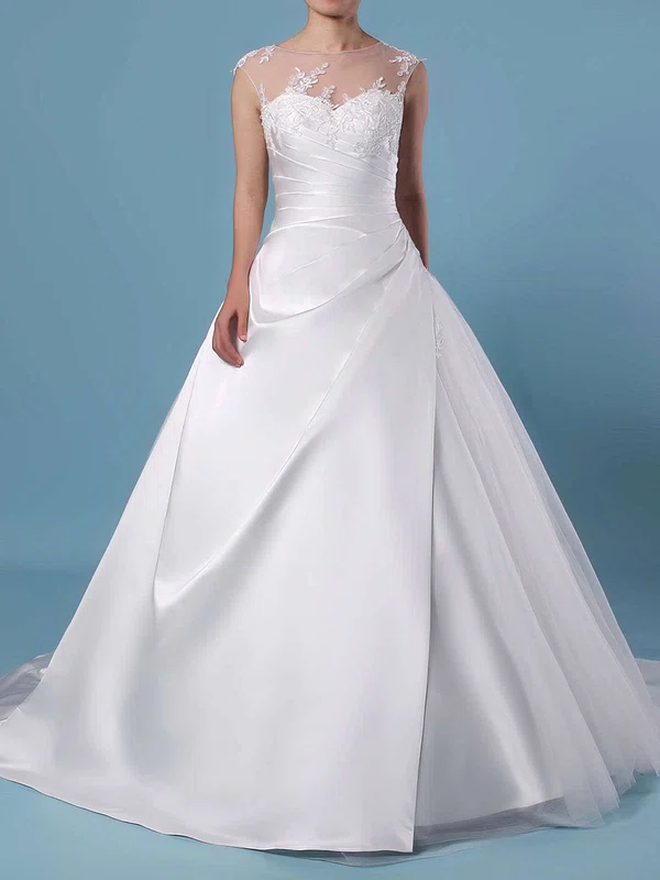 Ball Gown Illusion Tulle Sweep Train Wedding Dresses With Appliques Lace #Milly00023390
