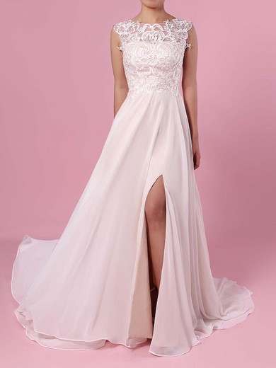 A-line Scoop Neck Chiffon Tulle Sweep Train Split Front Wedding Dresses #Milly00023392