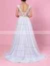 A-line V-neck Tulle Sweep Train Appliques Lace Wedding Dresses #Milly00023394