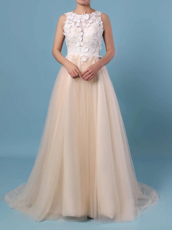 A-line Scoop Neck Lace Tulle Sweep Train Appliques Lace Wedding Dresses #Milly00023395