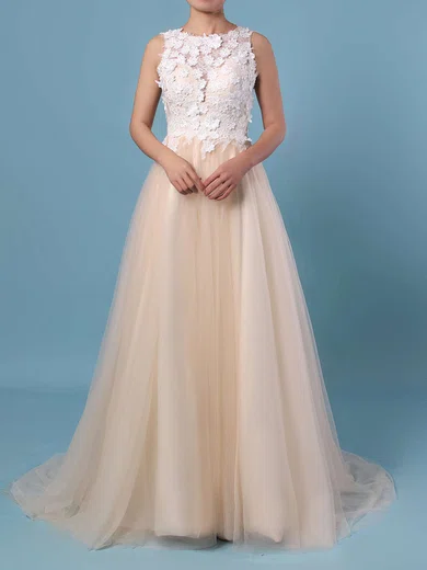 Ball Gown/Princess Illusion Lace Tulle Sweep Train Wedding Dresses With Flower(s) #Milly00023395