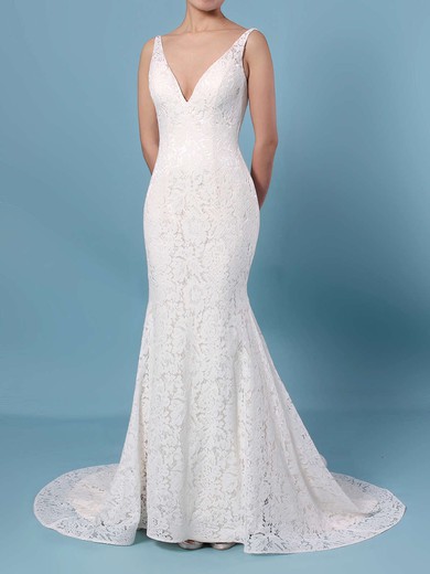 Trumpet/Mermaid V-neck Lace Sweep Train Wedding Dresses #Milly00023398