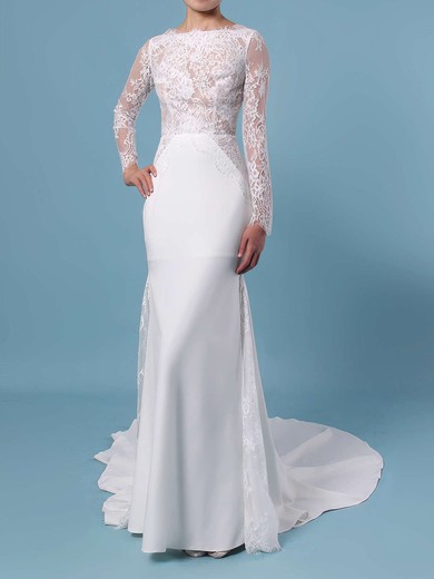 Trumpet/Mermaid Scalloped Neck Lace Silk-like Satin Sweep Train Appliques Lace Wedding Dresses #Milly00023401