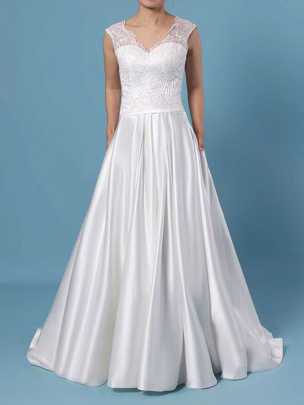 Ball Gown V-neck Lace Satin Sweep Train Wedding Dresses With Pockets #Milly00023403