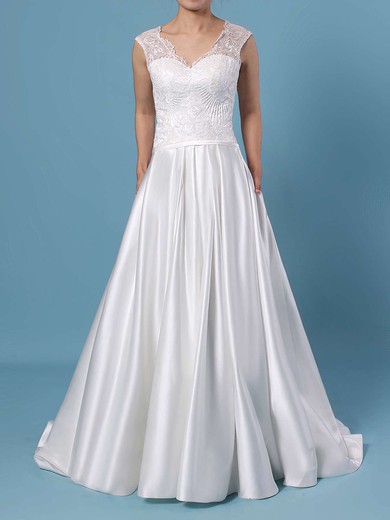 Ball Gown V-neck Lace Satin Sweep Train Pockets Wedding Dresses #Milly00023403