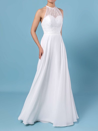 A-line Scoop Neck Chiffon Floor-length Lace Wedding Dresses #Milly00023409
