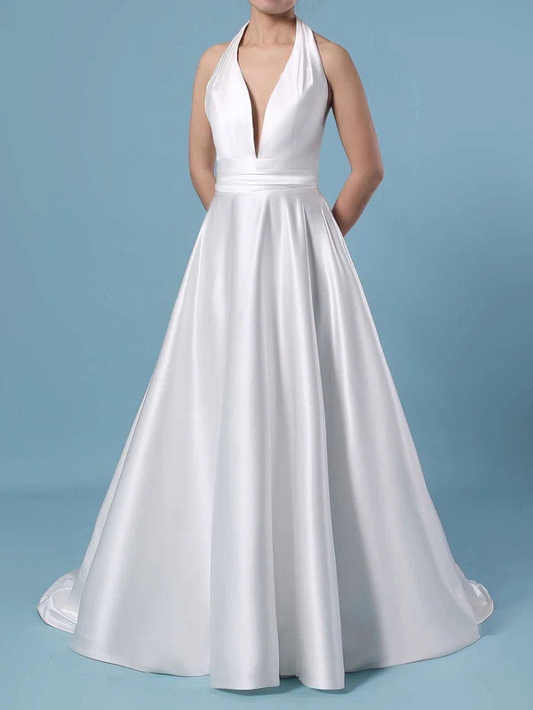 Ball Gown Halter Satin Sweep Train Wedding Dresses With Ruffles #Milly00023424