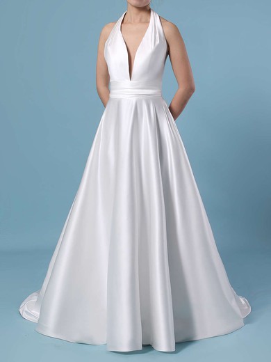 Ball Gown Halter Satin Sweep Train Ruffles Wedding Dresses #Milly00023424