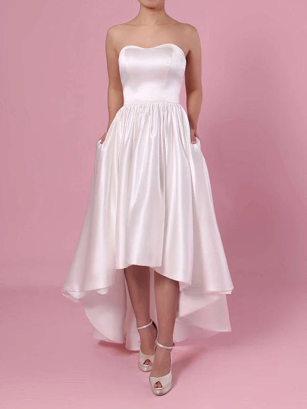 A-line Straight Satin Asymmetrical Wedding Dresses With Pockets #Milly00023426