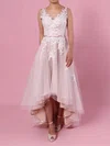 A-line V-neck Tulle Asymmetrical Wedding Dresses With Appliques Lace #Milly00023427