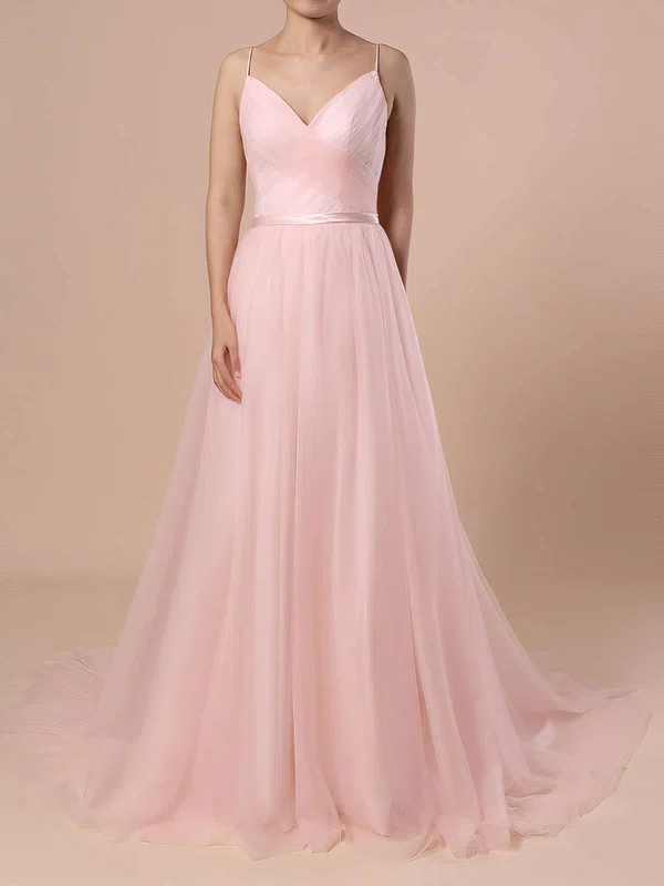 Ball Gown V-neck Tulle Sweep Train Wedding Dresses With Sashes / Ribbons #Milly00023430