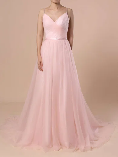 Ball Gown/Princess V-neck Tulle Sweep Train Wedding Dresses With Sashes / Ribbons #Milly00023430