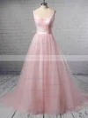 A-line V-neck Tulle Sweep Train Sashes / Ribbons Wedding Dresses #Milly00023430