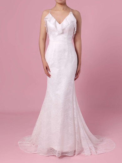 Trumpet/Mermaid V-neck Lace Sweep Train Wedding Dresses With Cascading Ruffles #Milly00023439