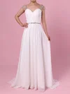 A-line V-neck Chiffon Sweep Train Wedding Dresses With Beading #Milly00023441