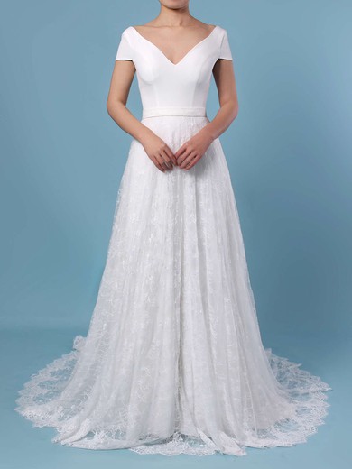 A-line V-neck Lace Sweep Train Wedding Dresses With Sashes / Ribbons #Milly00023448