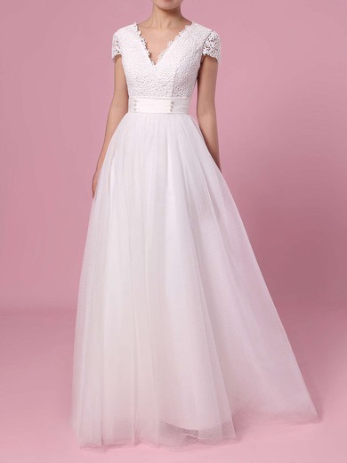 Ball Gown V-neck Lace Tulle Sweep Train Wedding Dresses With Pearl Detailing #Milly00023453