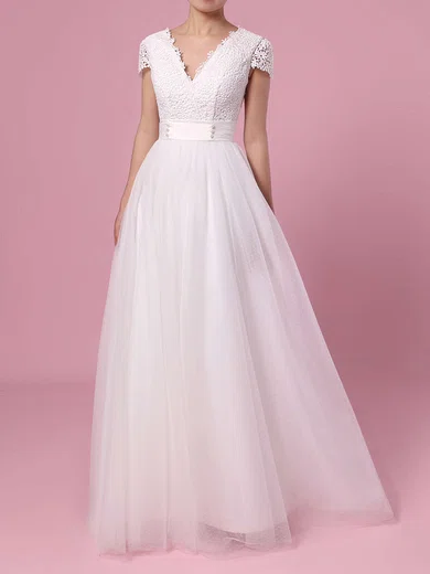 Ball Gown/Princess V-neck Lace Tulle Sweep Train Wedding Dresses With Pearl Detailing #Milly00023453