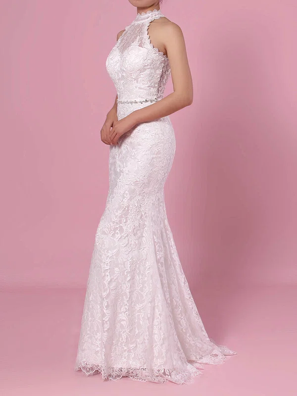 Trumpet/Mermaid High Neck Lace Floor-length Wedding Dresses With Beading #Milly00023454