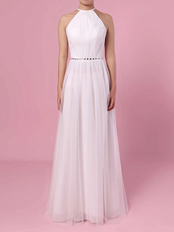 A-line Scoop Neck Tulle Floor-length Wedding Dresses With Beading #Milly00023455