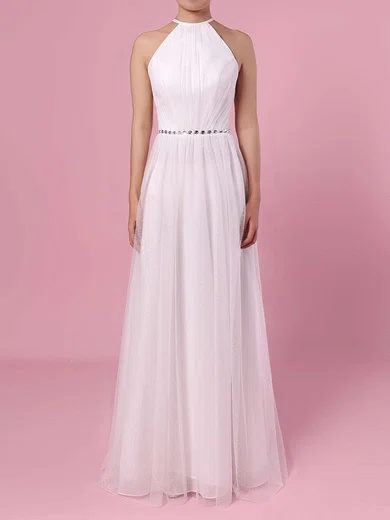 A-line Scoop Neck Tulle Floor-length Wedding Dresses With Beading #Milly00023455