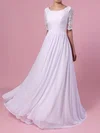 A-line Scoop Neck Lace Chiffon Sweep Train Wedding Dresses With Sashes / Ribbons #Milly00023464