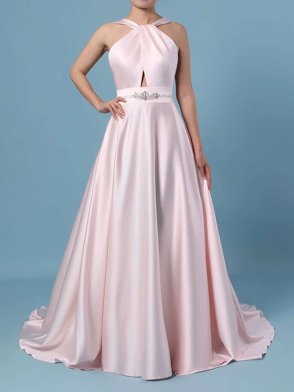 Ball Gown Halter Satin Sweep Train Wedding Dresses With Beading #Milly00023465