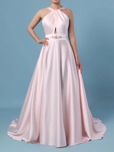Ball Gown/Princess Halter Satin Sweep Train Wedding Dresses With Beading #Milly00023465