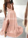 A-line Halter Silk-like Satin Sweep Train Split Front Prom Dresses #Milly020106435