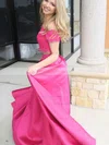 A-line Off-the-shoulder Lace Satin Sweep Train Beading Prom Dresses #Milly020106439