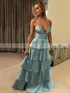 A-line V-neck Satin Floor-length Tiered Prom Dresses #Milly020106445