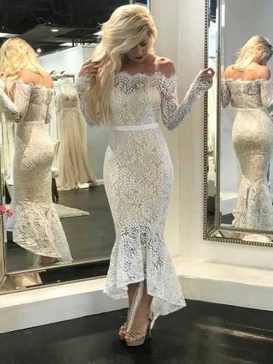 Trumpet/Mermaid Off-the-shoulder Lace Asymmetrical Sashes / Ribbons Prom Dresses #Milly020106450
