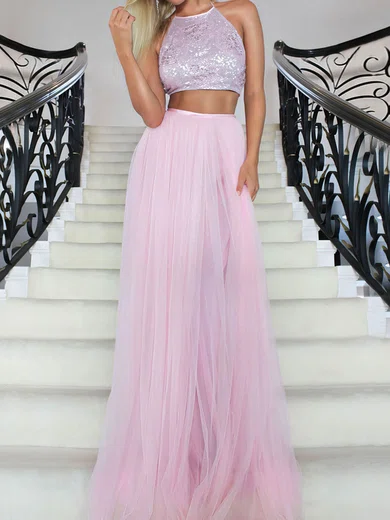 A-line Halter Tulle Sequin Two Piece Prom Dresses #Milly020106457