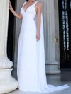 A-line V-neck Lace Chiffon Sweep Train Wedding Dresses With Appliques Lace #Milly00023469