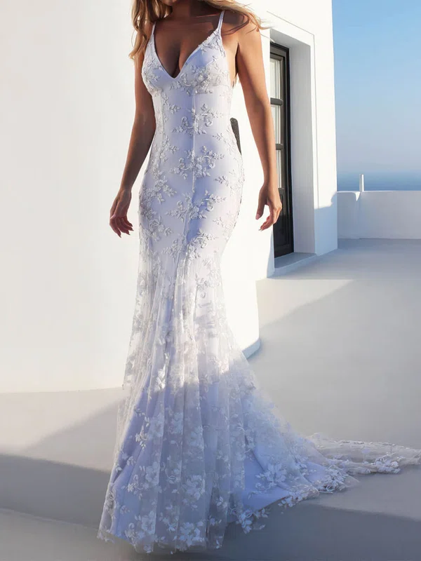 Trumpet/Mermaid V-neck Lace Sweep Train Wedding Dresses #Milly00023470