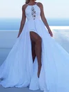 A-line Scoop Neck Lace Chiffon Sweep Train Wedding Dresses With Split Front #Milly00023471