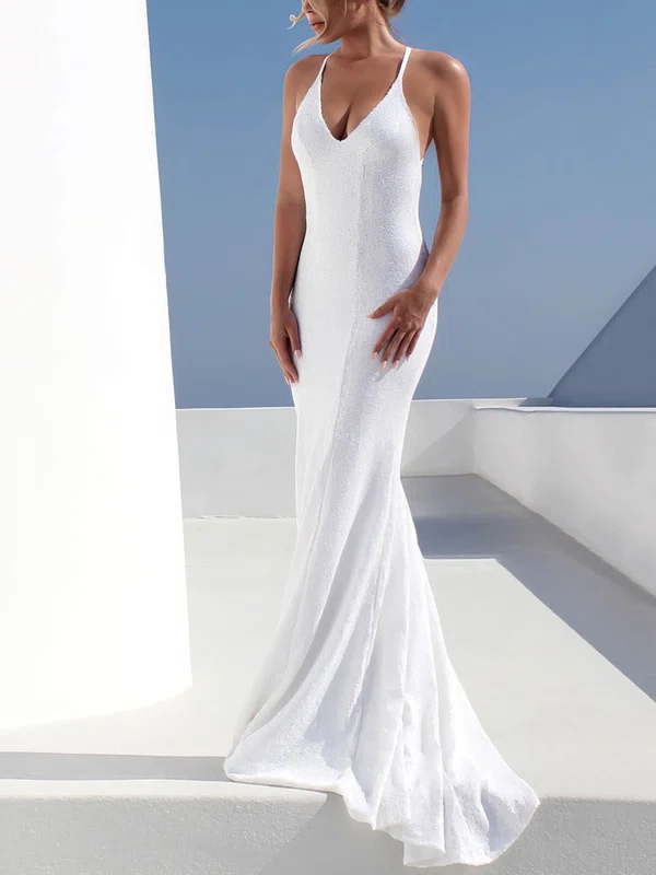 Trumpet/Mermaid V-neck Sequined Sweep Train Wedding Dresses #Milly00023473