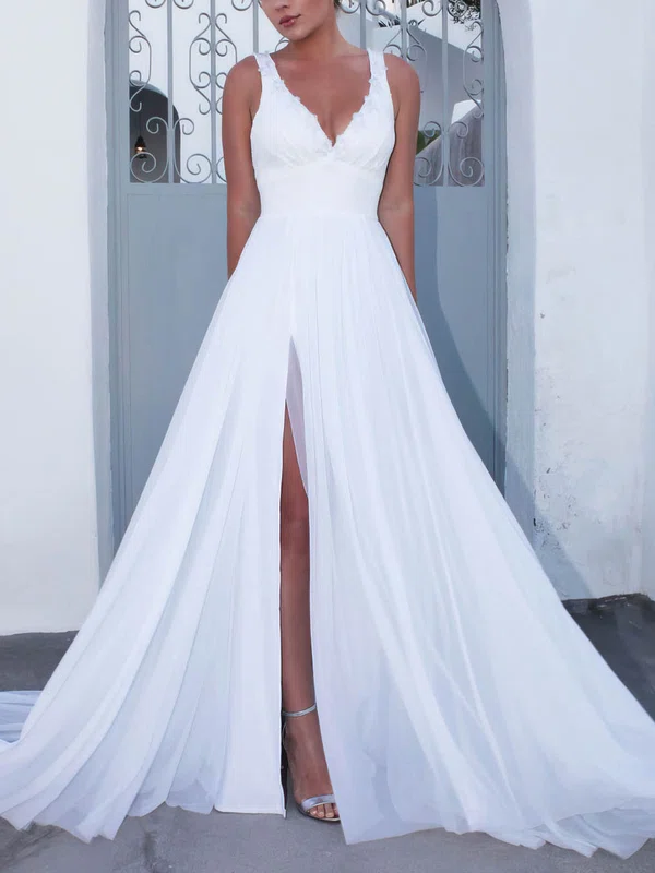 A-line V-neck Chiffon Sweep Train Wedding Dresses With Split Front #Milly00023475