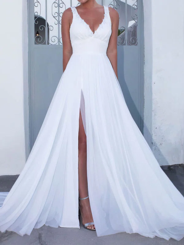 A-line V-neck Chiffon Sweep Train Wedding Dresses With Split Front #Milly00023475