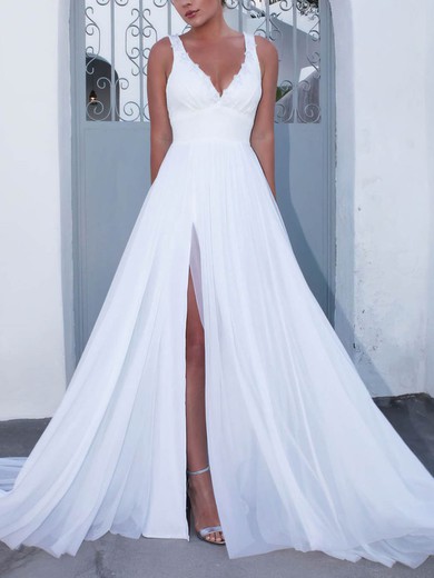 A-line V-neck Chiffon Sweep Train Wedding Dresses With Split Front #Milly00023475