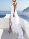 A-line V-neck Chiffon Sweep Train Appliques Lace Wedding Dresses #Milly00023475