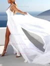 A-line V-neck Chiffon Sweep Train Appliques Lace Wedding Dresses #Milly00023475