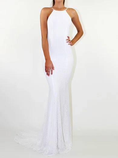 Sheath/Column Scoop Neck Lace Sweep Train Wedding Dresses #Milly00023476